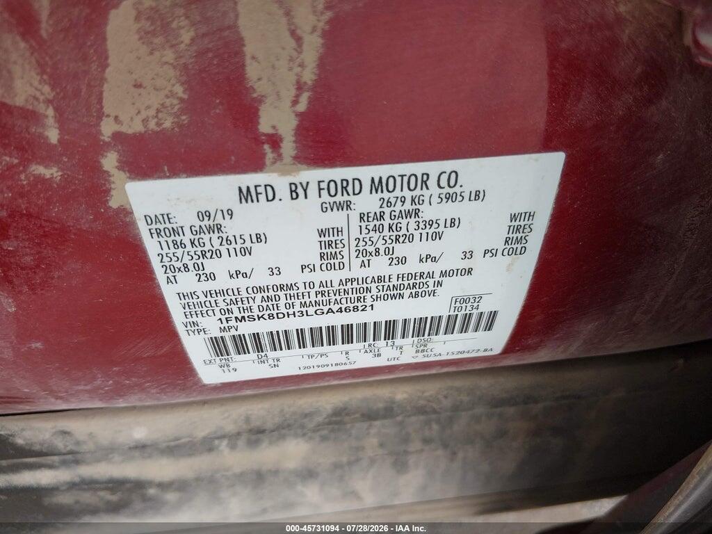 1FMSK8DH3LGA46821 2020 FORD EXPLORER photo no. 9