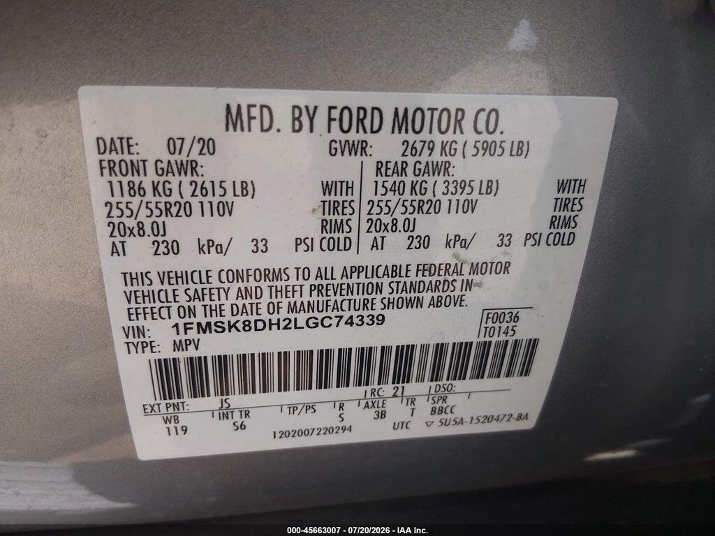 1FMSK8DH2LGC74339 2020 FORD EXPLORER photo no. 9