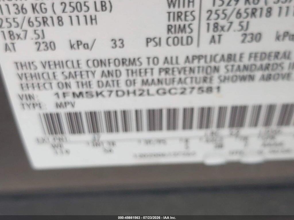 1FMSK7DH2LGC27581 2020 FORD EXPLORER photo no. 9
