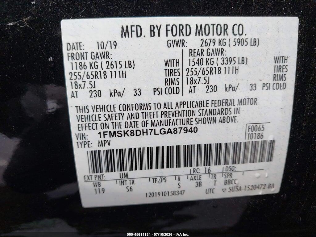 1FMSK8DH7LGA87940 2020 FORD EXPLORER photo no. 9