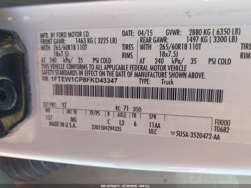 1FTEW1CP8FKD43347 2015 FORD F-150 photo no. 9