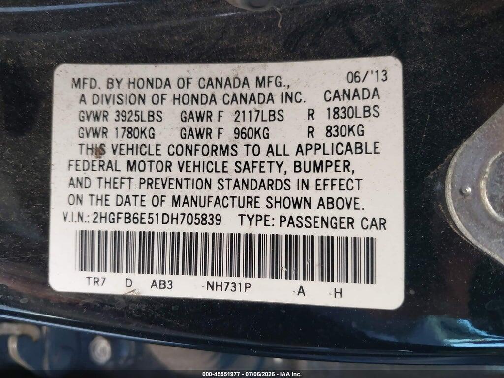 2HGFB6E51DH705839 2013 HONDA CIVIC photo no. 9