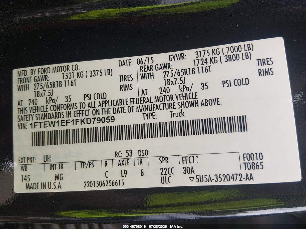 1FTEW1EF1FKD79059 2015 FORD F-150 photo no. 9