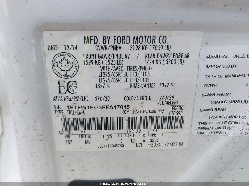 1FTFW1EG3FFA17045 2015 FORD F-150 photo no. 9