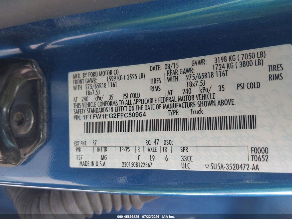 1FTFW1EG2FFC50964 2015 FORD F-150 photo no. 9