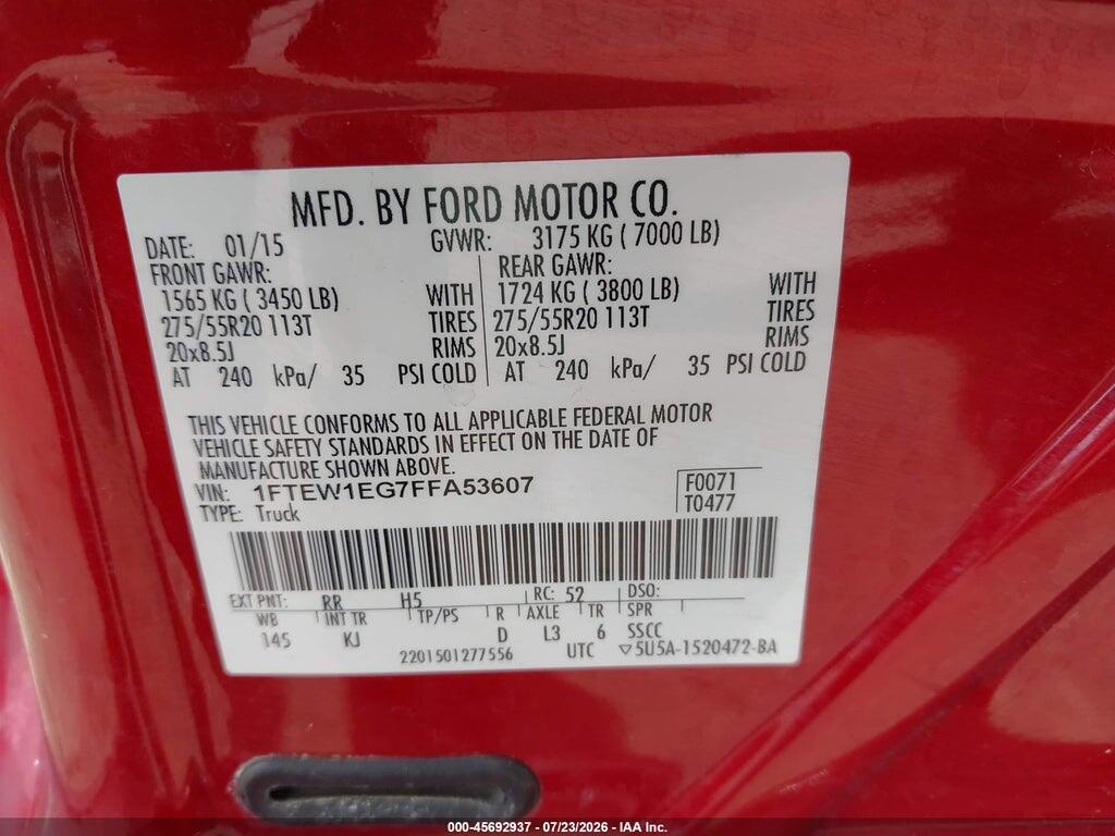 1FTEW1EG7FFA53607 2015 FORD F-150 photo no. 9