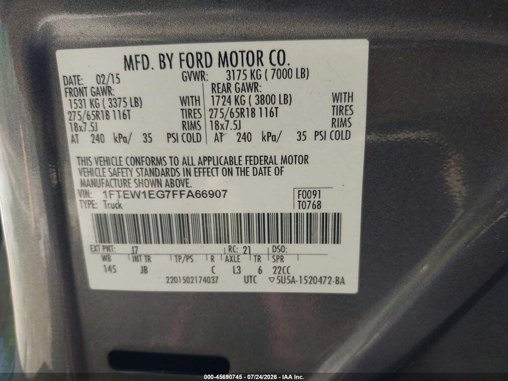 1FTEW1EG7FFA66907 2015 FORD F-150 photo no. 9