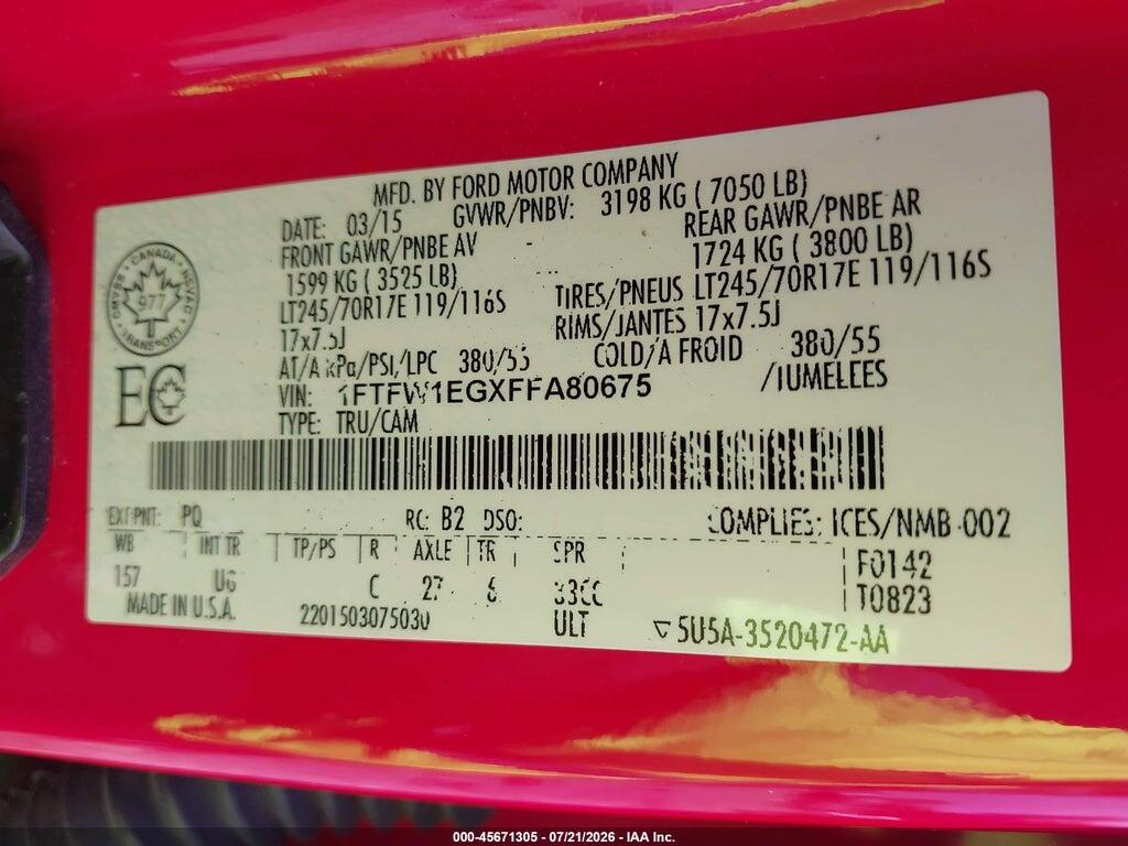 1FTFW1EGXFFA80675 2015 FORD F-150 photo no. 9