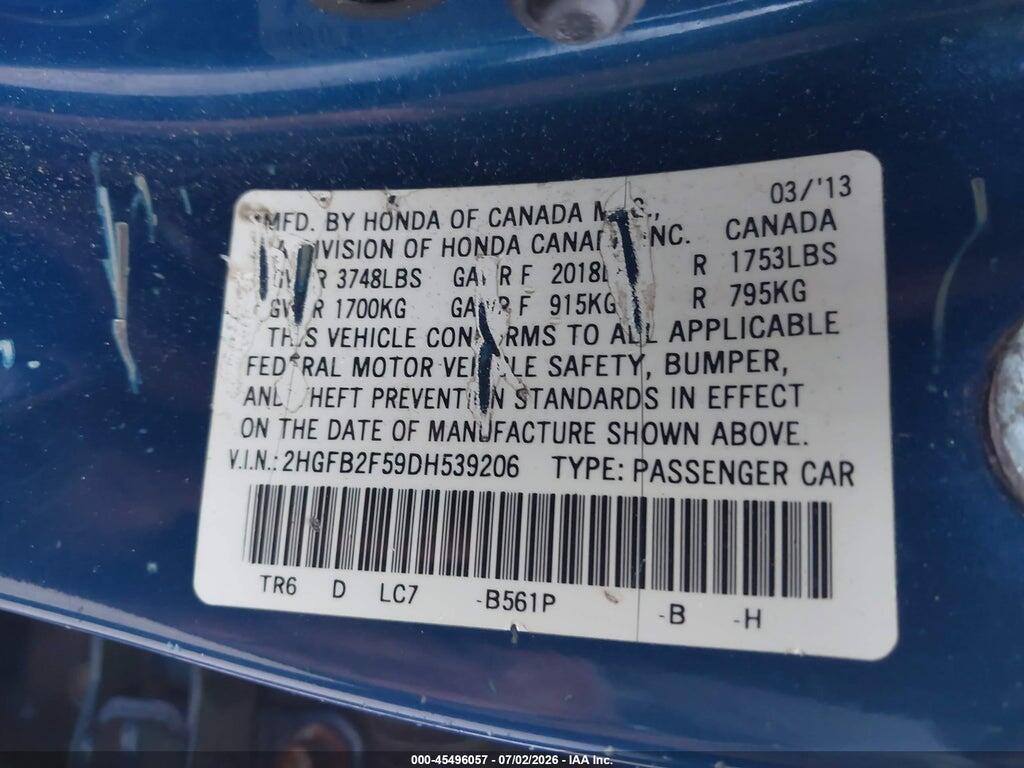 2HGFB2F59DH539206 2013 HONDA CIVIC photo no. 9