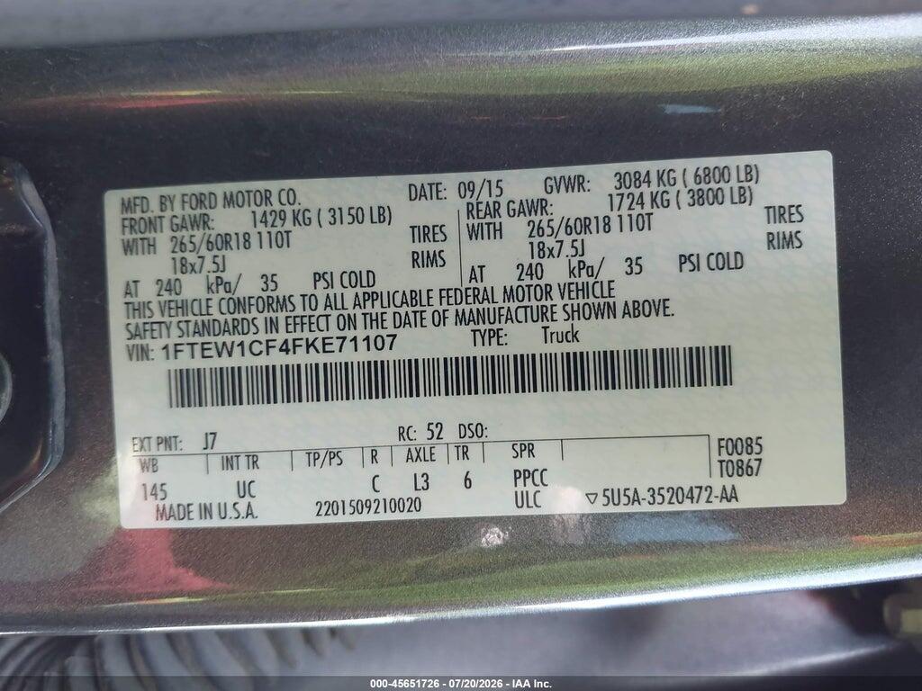 1FTEW1CF4FKE71107 2015 FORD F-150 photo no. 9