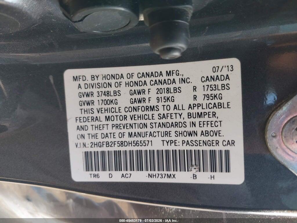 2HGFB2F58DH565571 2013 HONDA CIVIC photo no. 9