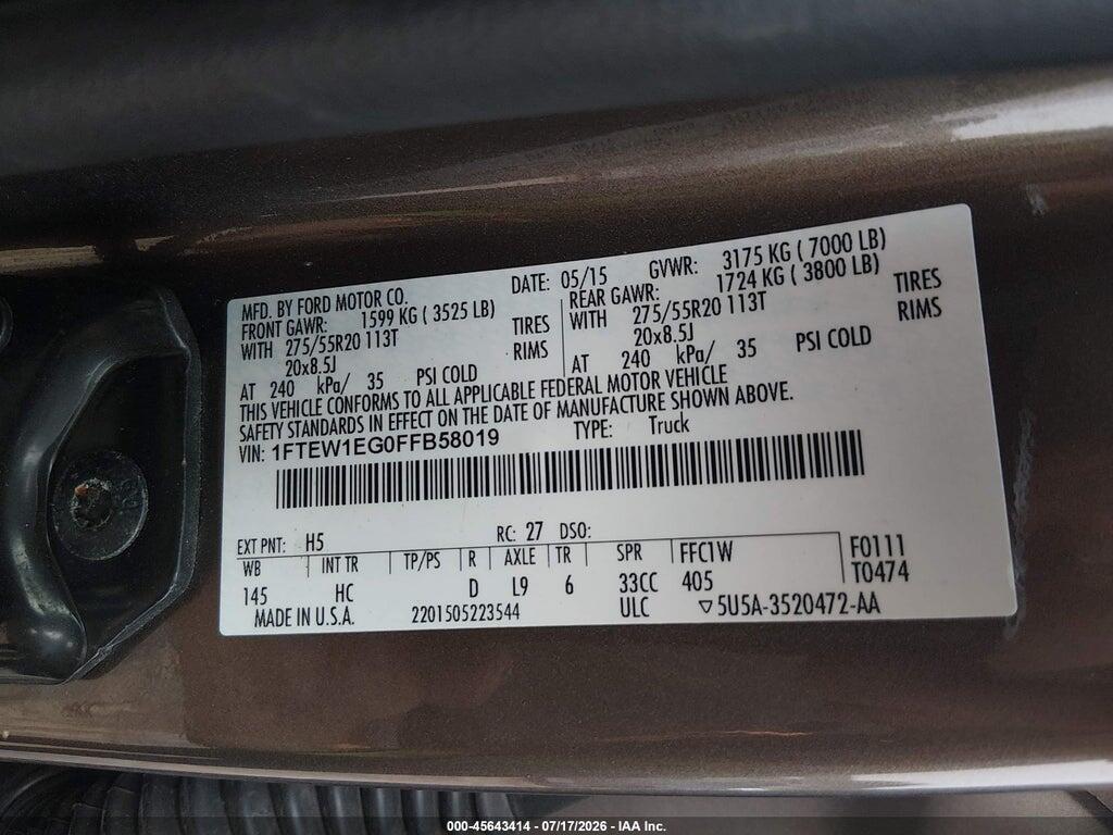 1FTEW1EG0FFB58019 2015 FORD F-150 photo no. 9