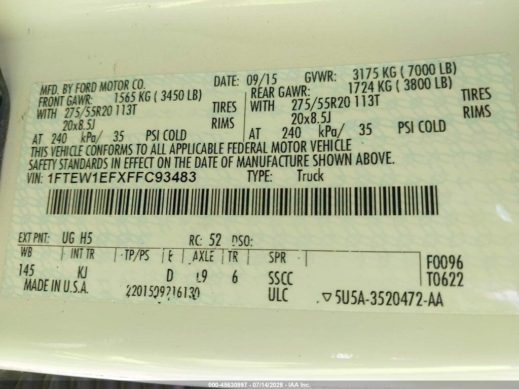 1FTEW1EFXFFC93483 2015 FORD F-150 photo no. 9