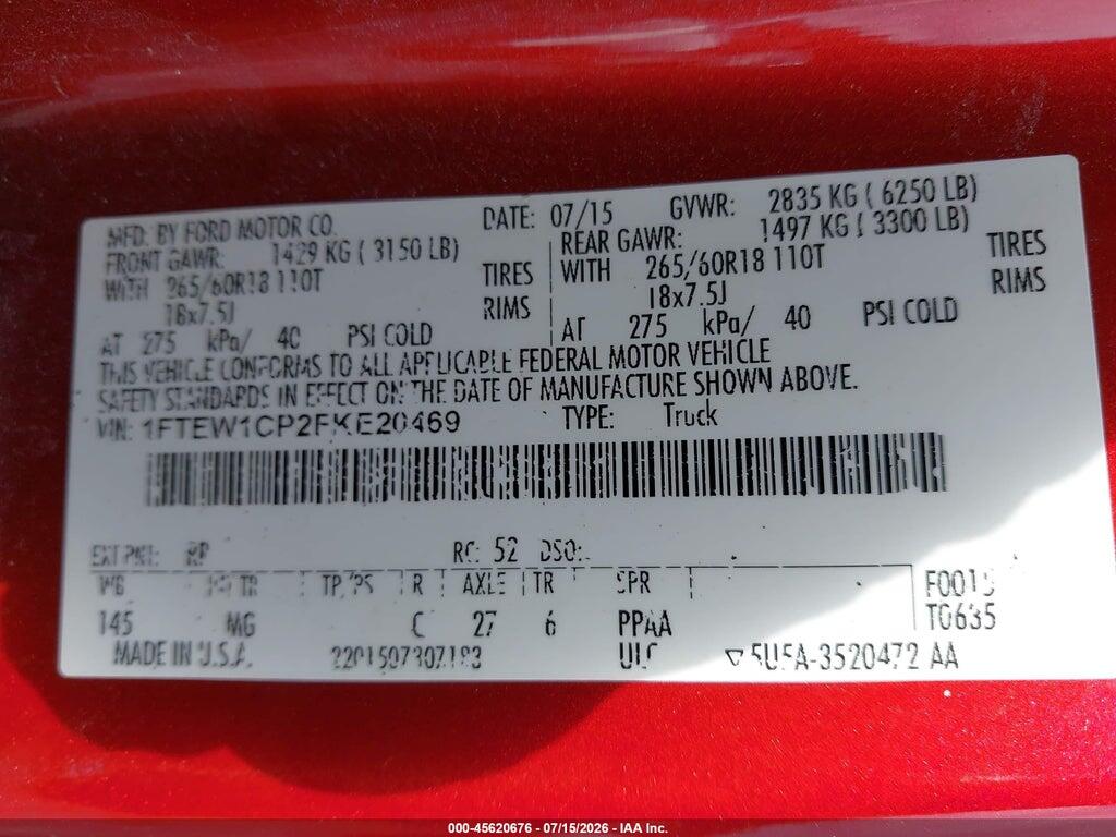 1FTEW1CP2FKE20469 2015 FORD F-150 photo no. 9