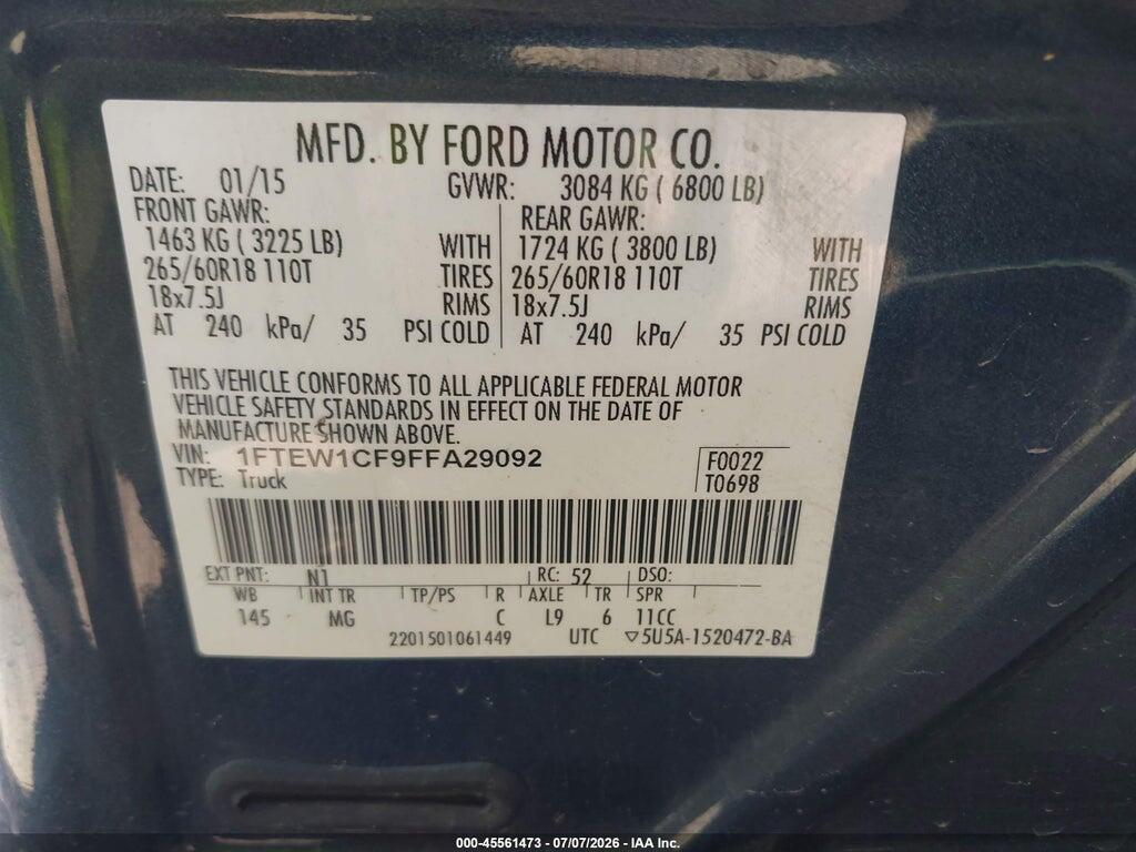 1FTEW1CF9FFA29092 2015 FORD F-150 photo no. 9