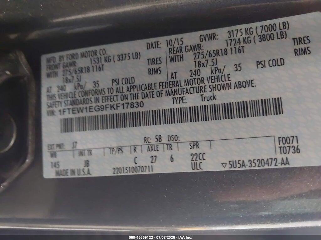 1FTEW1EG9FKF17830 2015 FORD F-150 photo no. 9