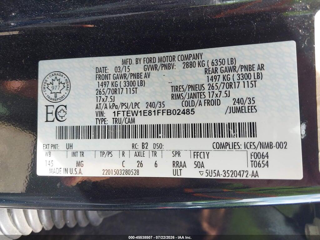 1FTEW1E81FFB02485 2015 FORD F-150 photo no. 9