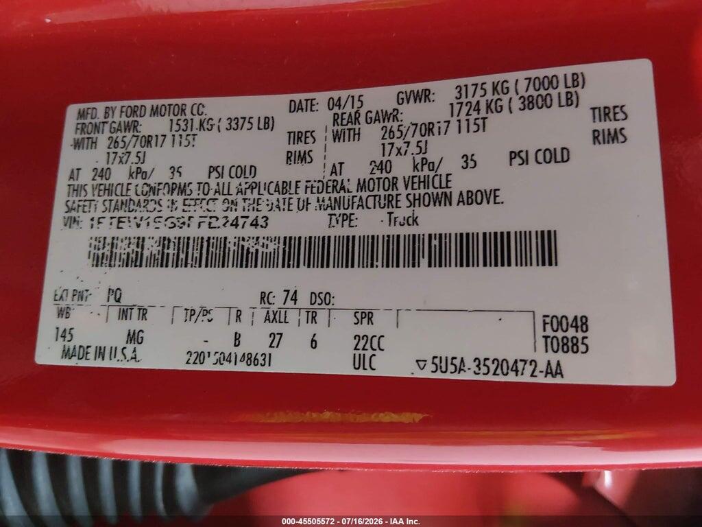 1FTEW1EG9FFB24743 2015 FORD F-150 photo no. 9