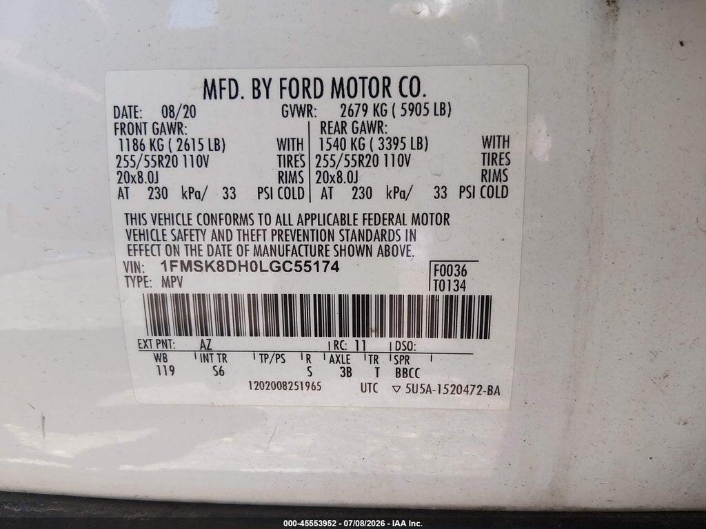 1FMSK8DH0LGC55174 2020 FORD EXPLORER photo no. 9