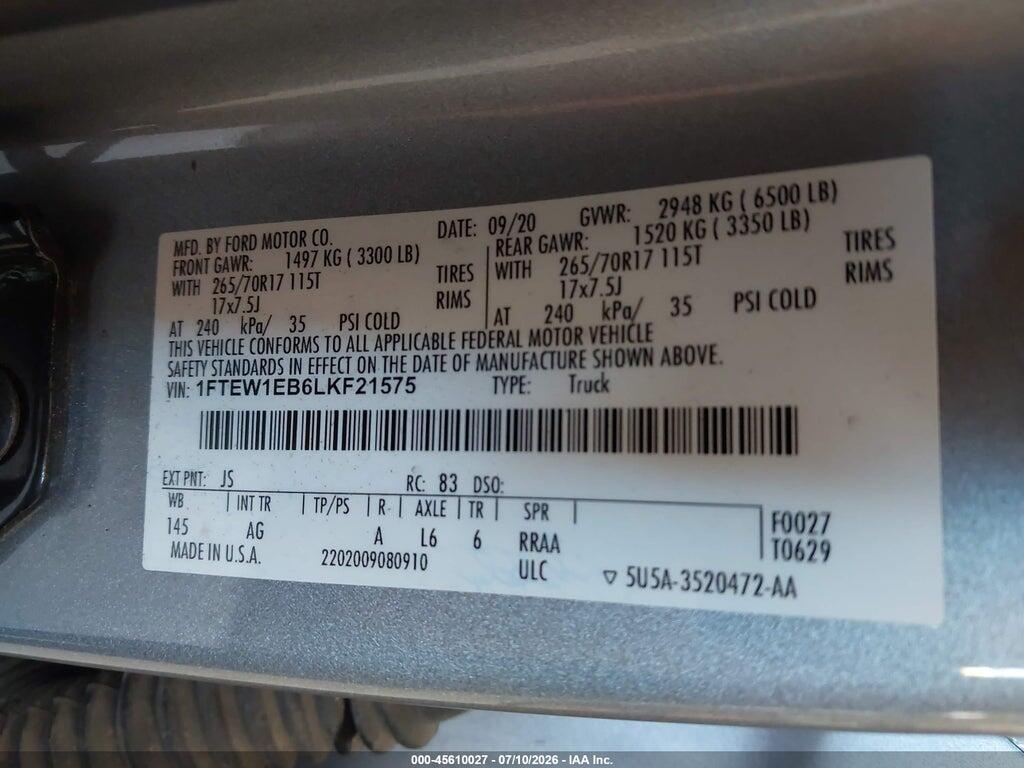 1FTEW1EB6LKF21575 2020 FORD F-150 photo no. 9