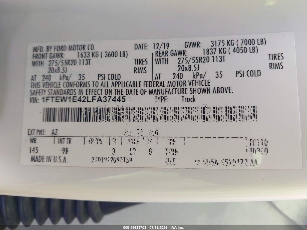 1FTEW1E42LFA37445 2020 FORD F-150 photo no. 9