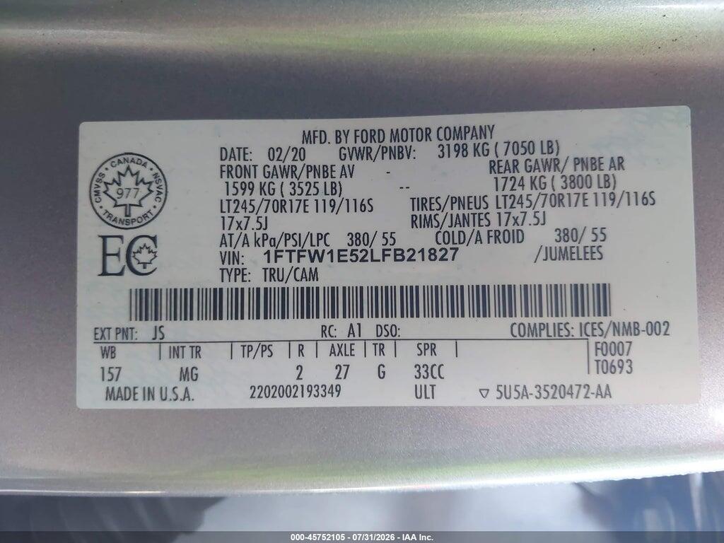 1FTFW1E52LFB21827 2020 FORD F-150 photo no. 9
