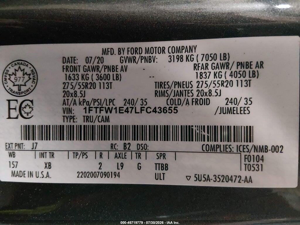 1FTFW1E47LFC43655 2020 FORD F-150 photo no. 9