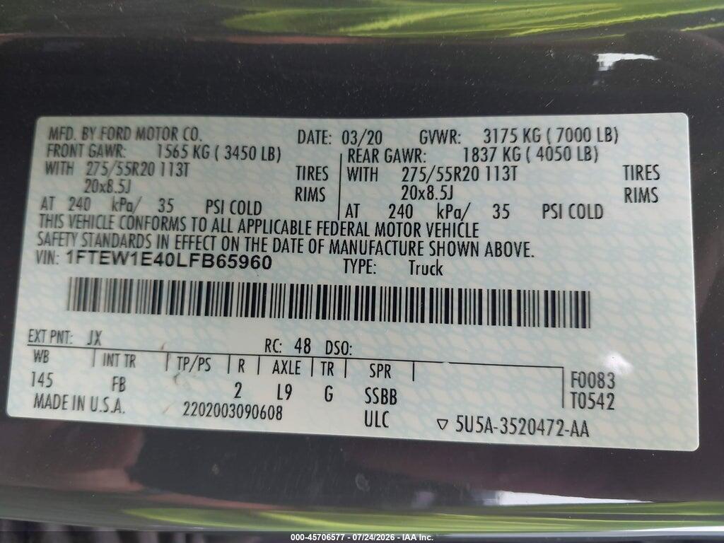 1FTEW1E40LFB65960 2020 FORD F-150 photo no. 9