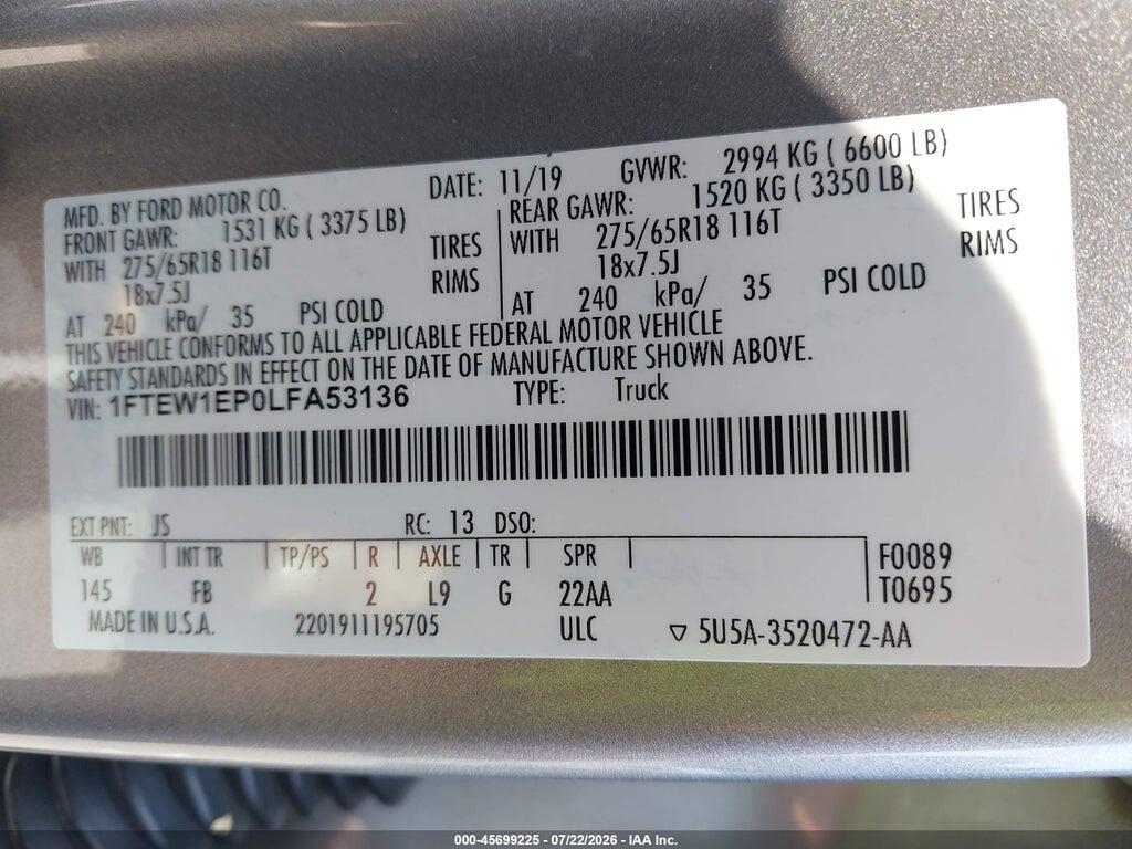 1FTEW1EP0LFA53136 2020 FORD F-150 photo no. 9