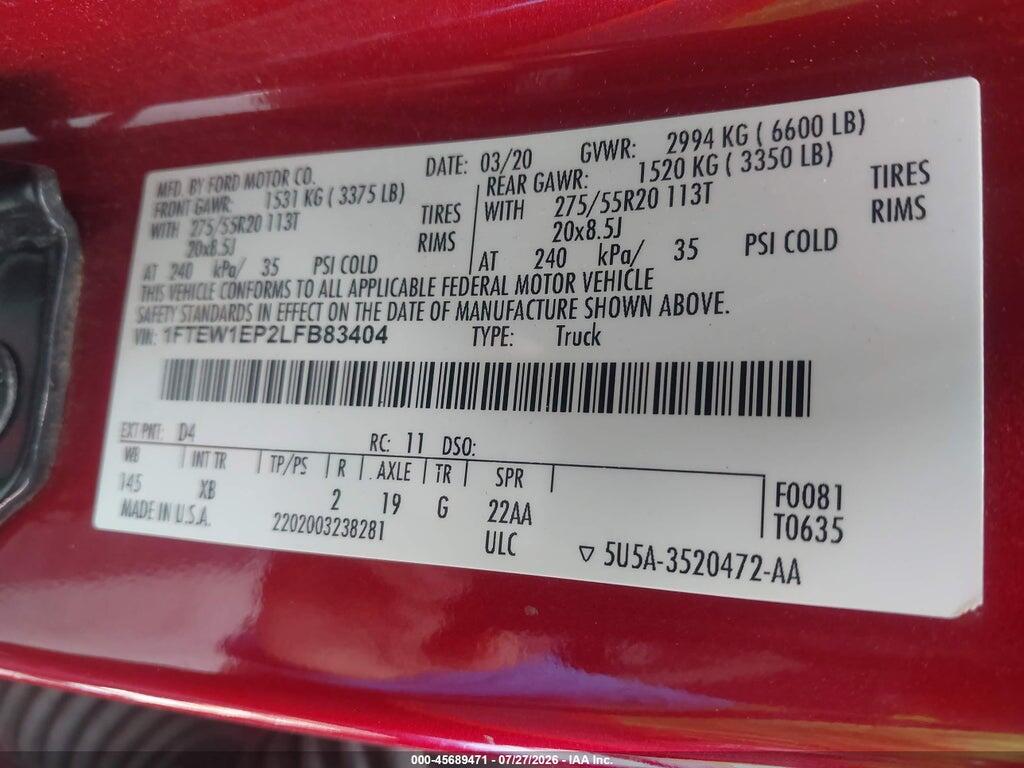 1FTEW1EP2LFB83404 2020 FORD F-150 photo no. 9