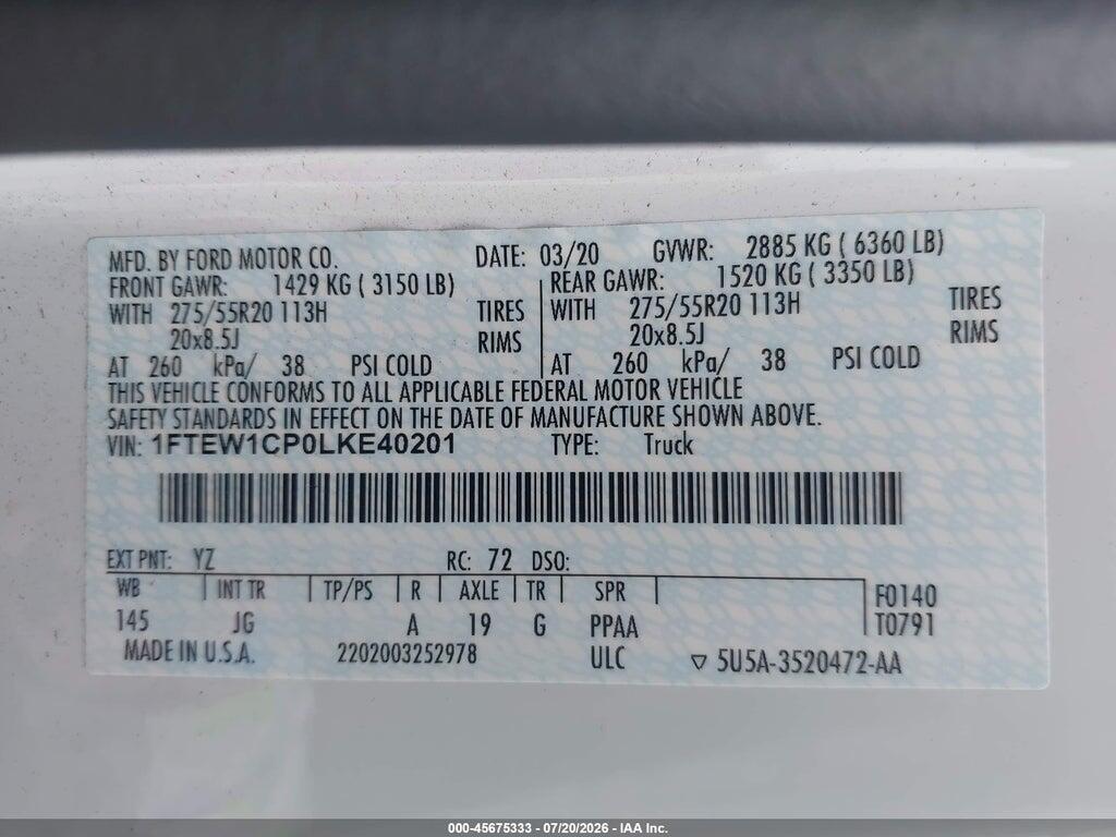 1FTEW1CP0LKE40201 2020 FORD F-150 photo no. 9