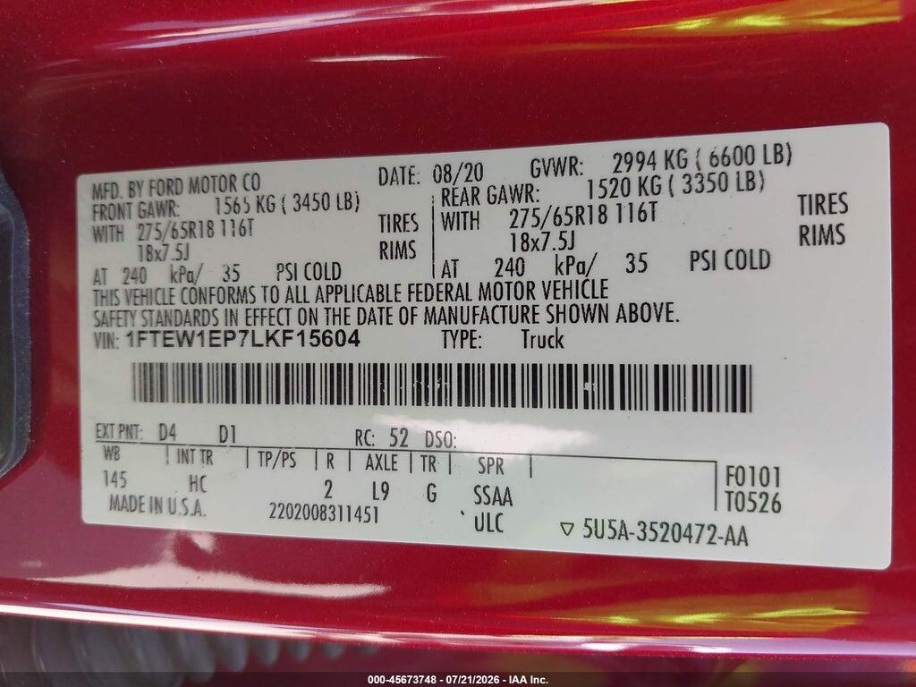 1FTEW1EP7LKF15604 2020 FORD F-150 photo no. 9