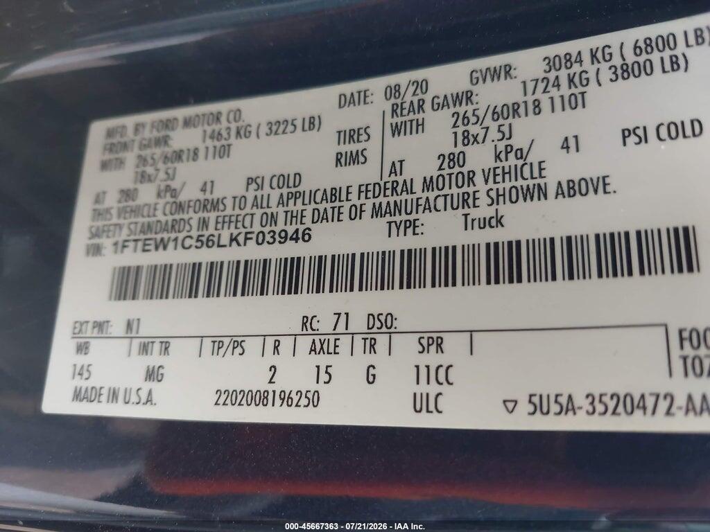 1FTEW1C56LKF03946 2020 FORD F-150 photo no. 9