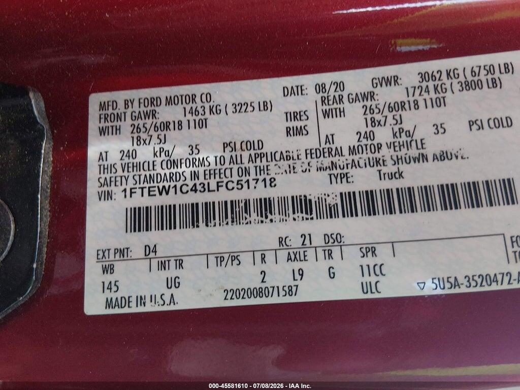 1FTEW1C43LFC51718 2020 FORD F-150 photo no. 9