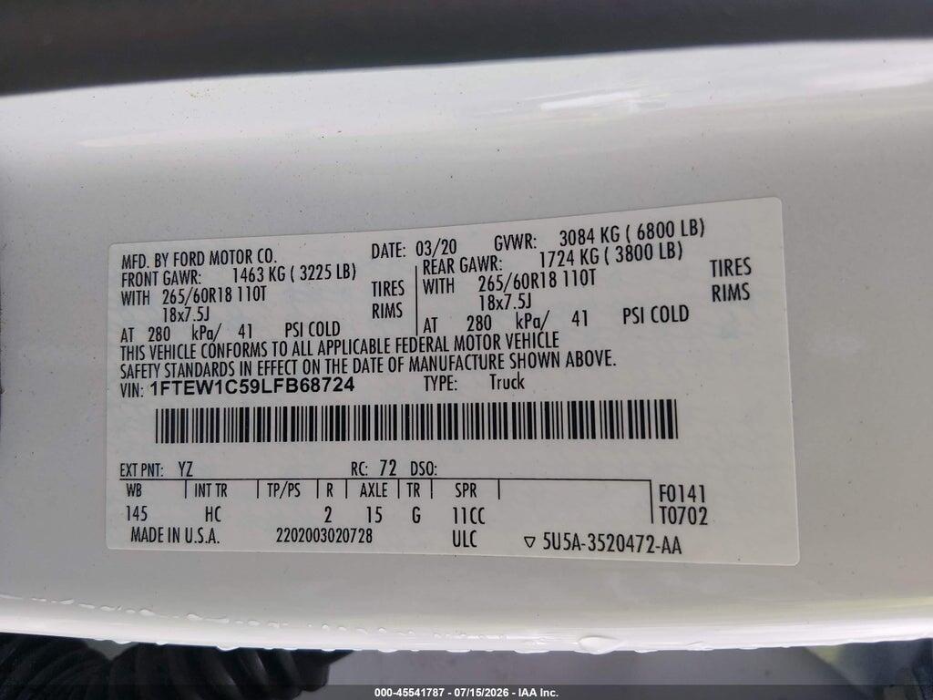 1FTEW1C59LFB68724 2020 FORD F-150 photo no. 9