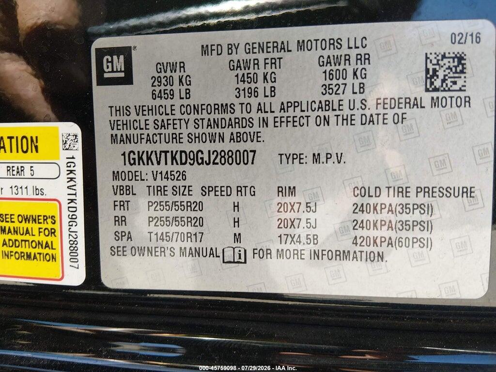1GKKVTKD9GJ288007 2016 GMC ACADIA photo no. 9