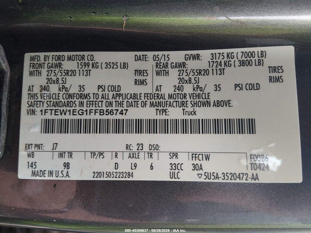 1FTEW1EG1FFB56747 2015 FORD F-150 photo no. 9