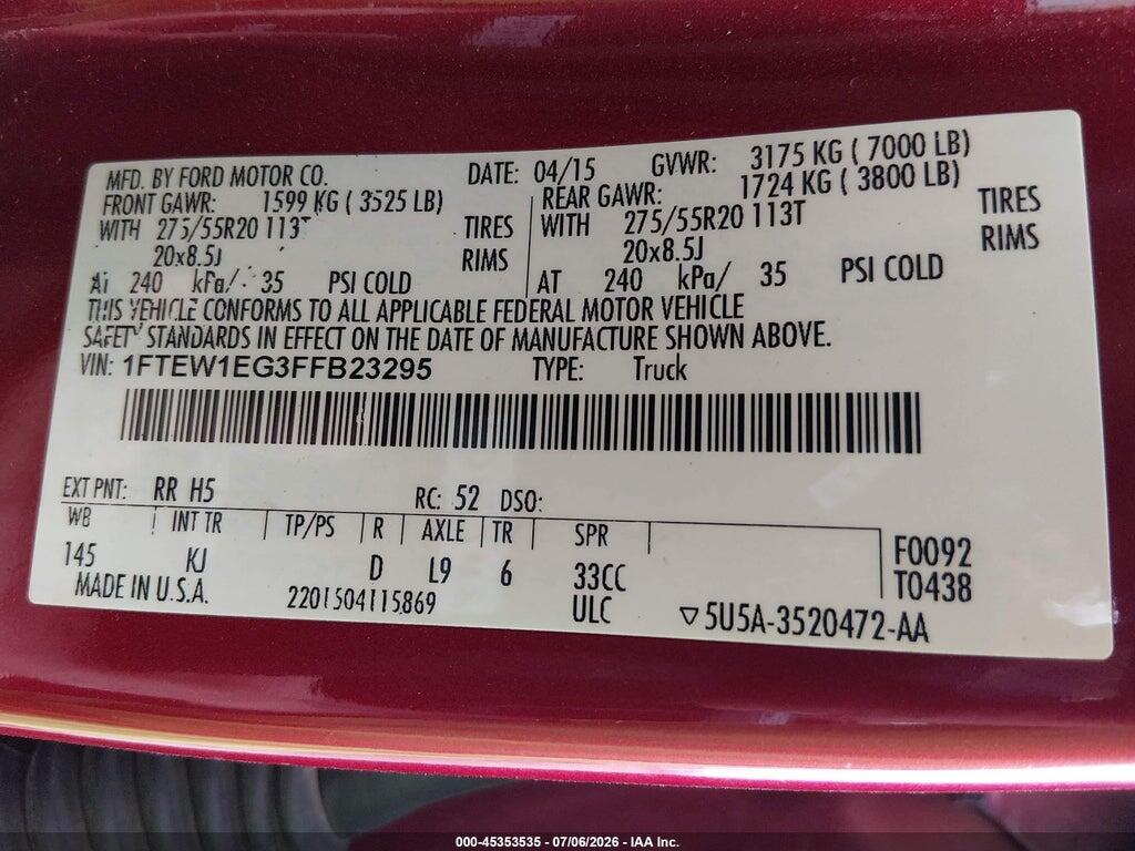 1FTEW1EG3FFB23295 2015 FORD F-150 photo no. 9