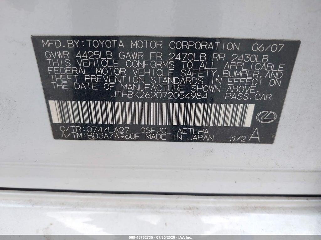 JTHBK262072054984 2007 LEXUS IS 250 photo no. 9