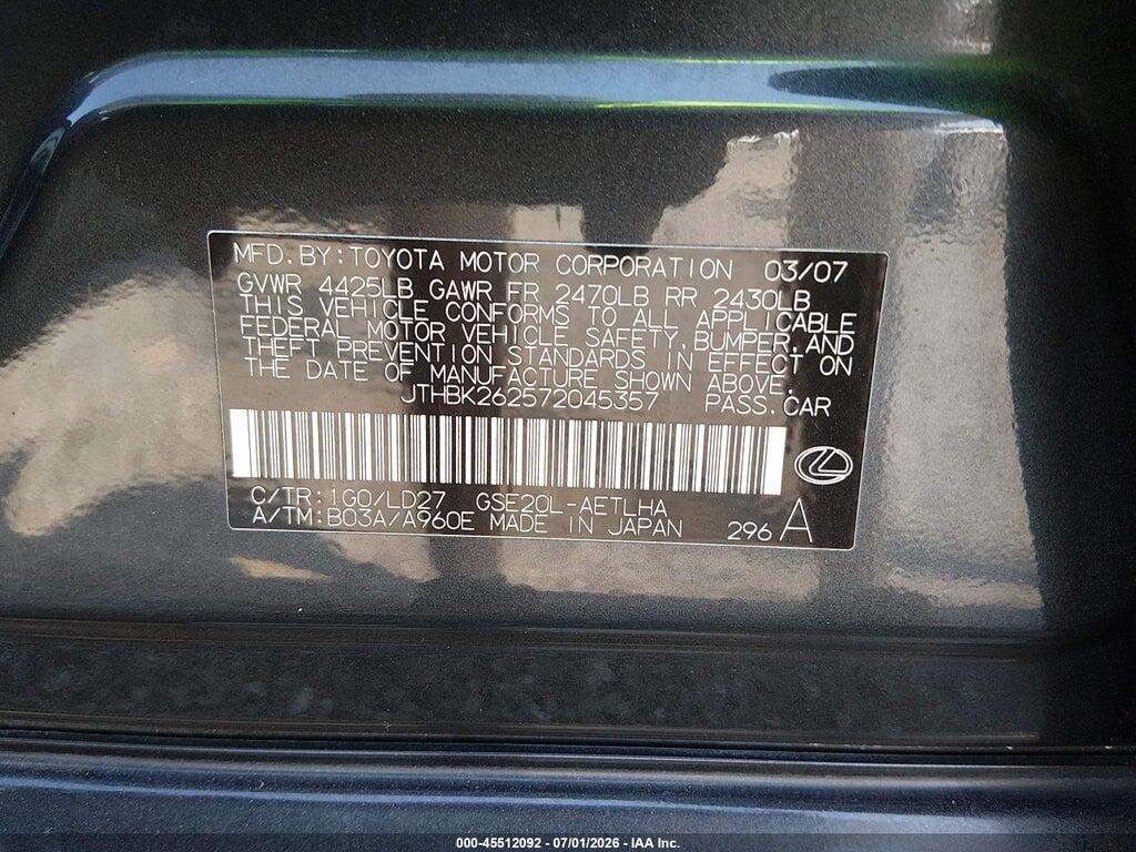 JTHBK262572045357 2007 LEXUS IS 250 photo no. 9