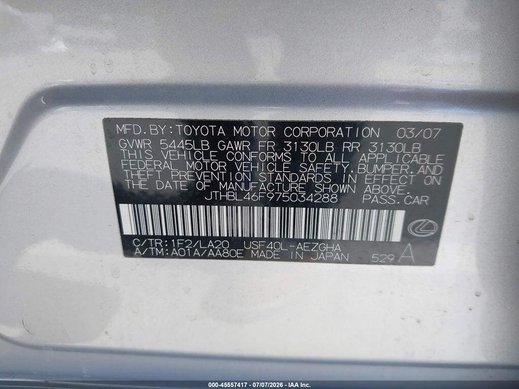 JTHBL46F975034288 2007 LEXUS LS 460 photo no. 9