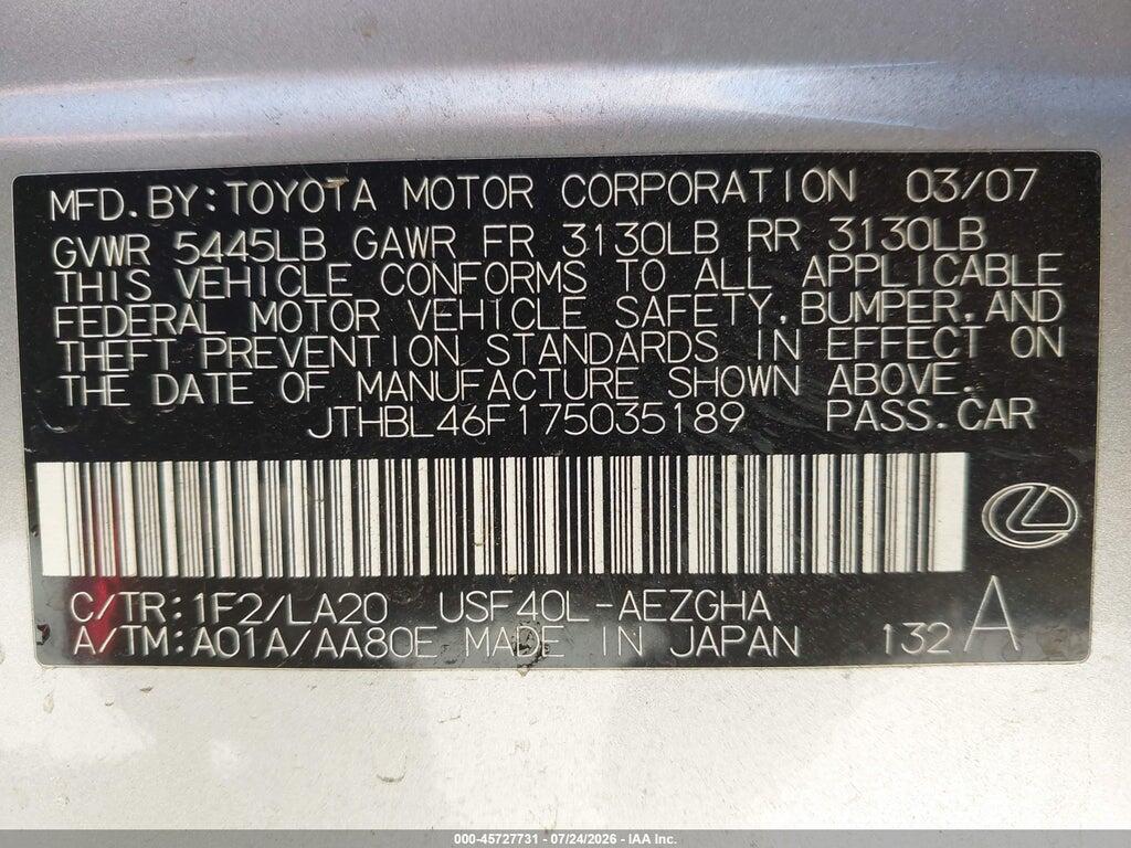 JTHBL46F175035189 2007 LEXUS LS 460 photo no. 9