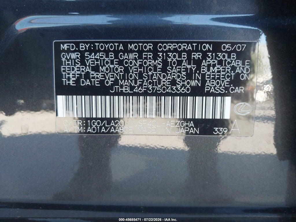 JTHBL46F375043360 2007 LEXUS LS 460 photo no. 9