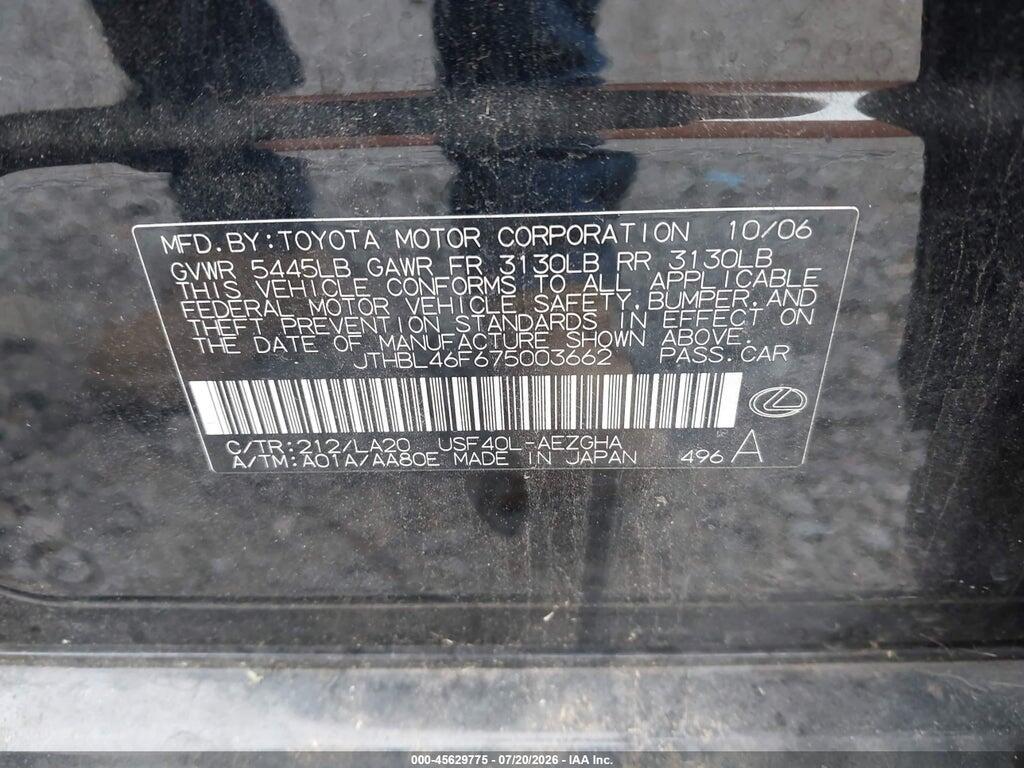 JTHBL46F675003662 2007 LEXUS LS 460 photo no. 9