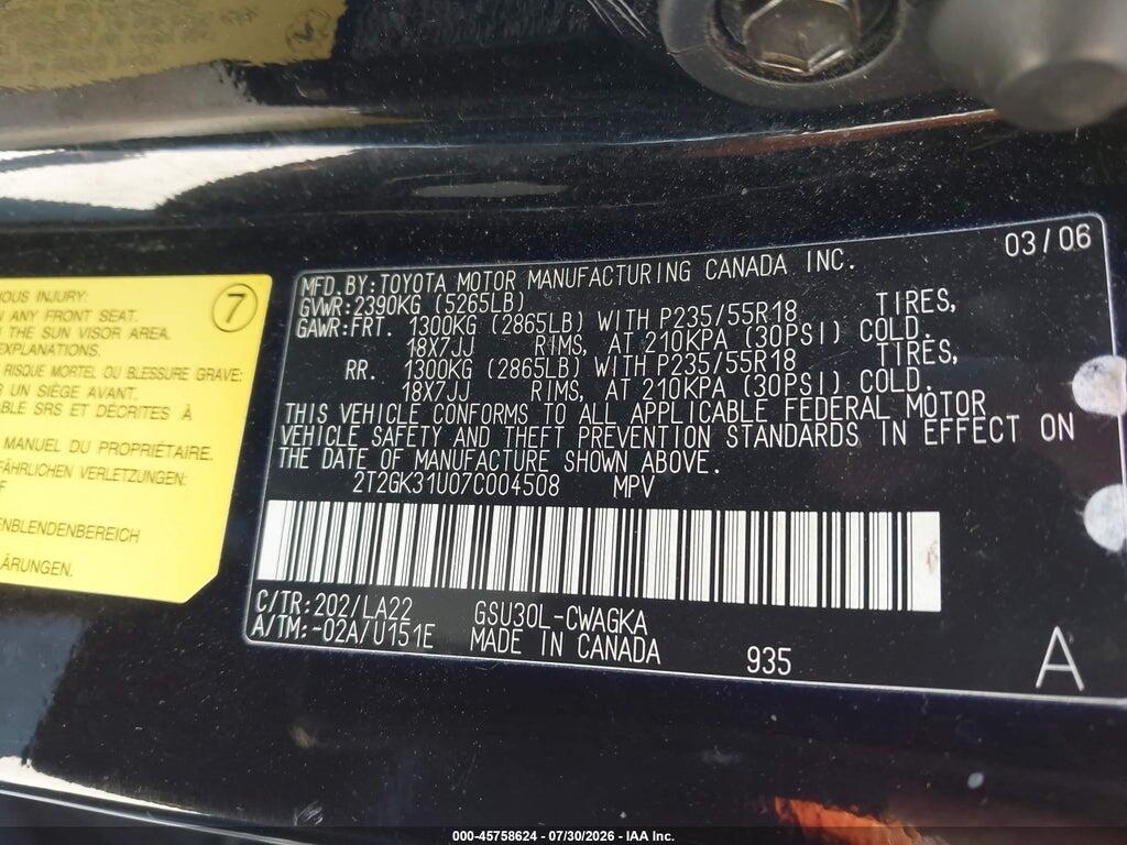 2T2GK31U07C004508 2007 LEXUS RX 350 photo no. 9
