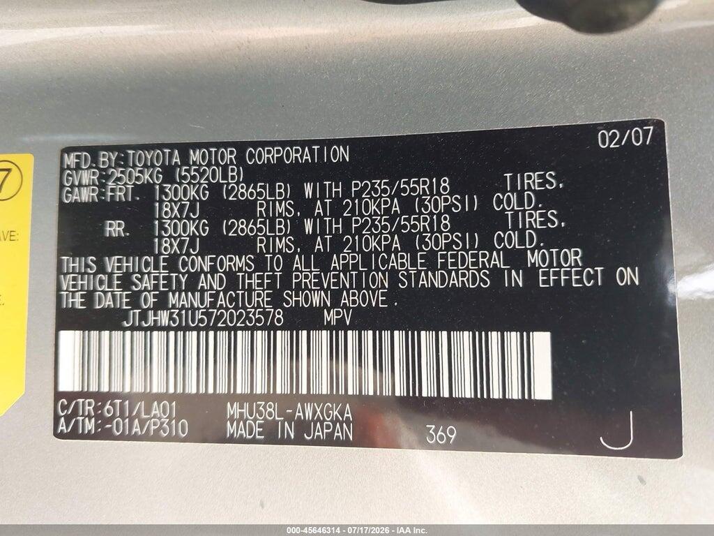 JTJHW31U572023578 2007 LEXUS RX 400H photo no. 9