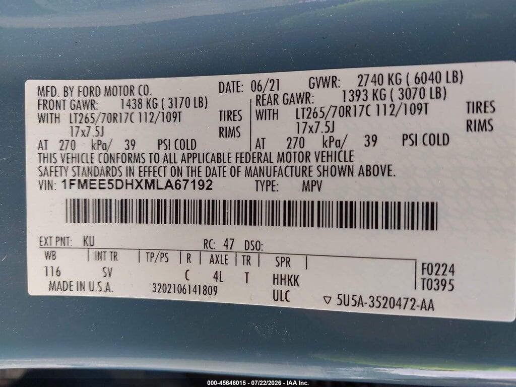 1FMEE5DHXMLA67192 2021 FORD BRONCO photo no. 9