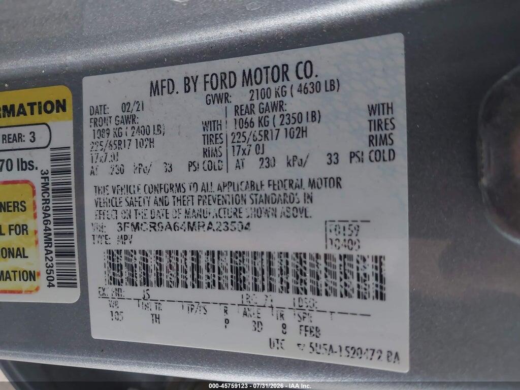 3FMCR9A64MRA23504 2021 FORD BRONCO SPORT photo no. 9
