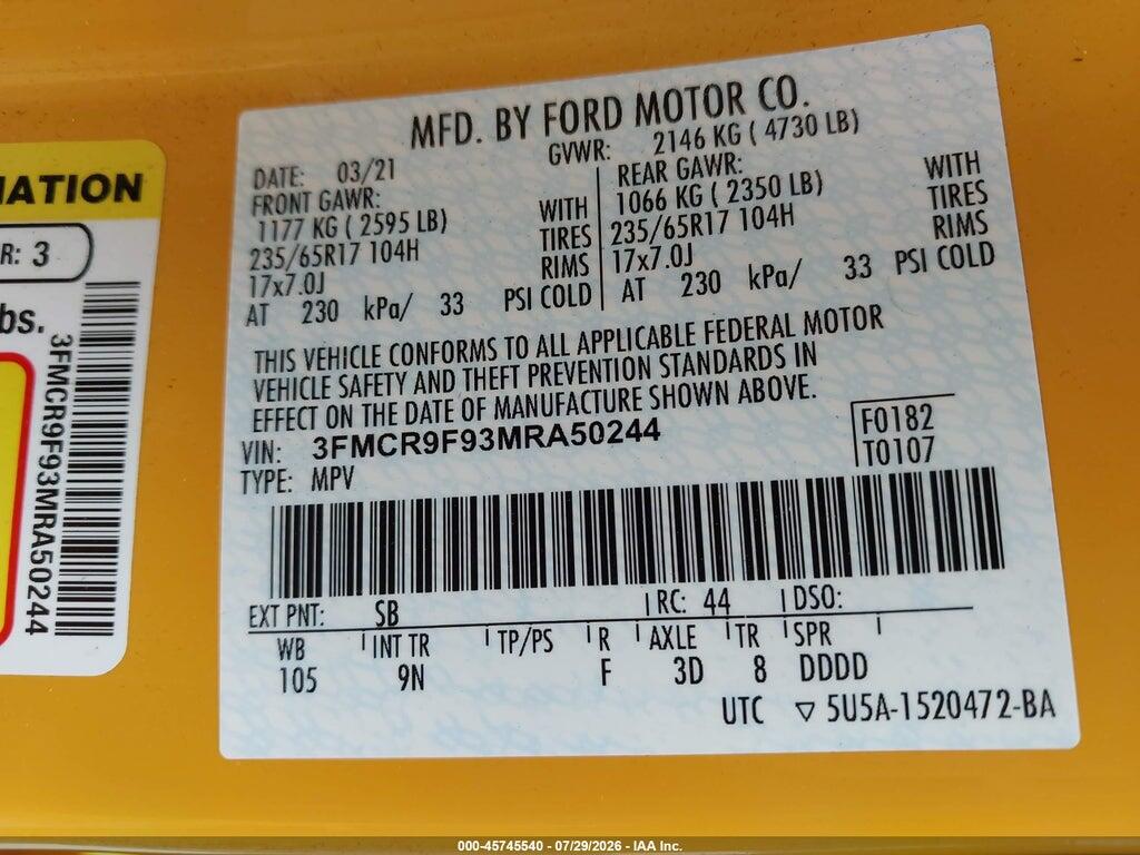 3FMCR9F93MRA50244 2021 FORD BRONCO SPORT photo no. 9