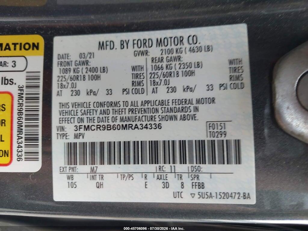 3FMCR9B60MRA34336 2021 FORD BRONCO SPORT photo no. 9